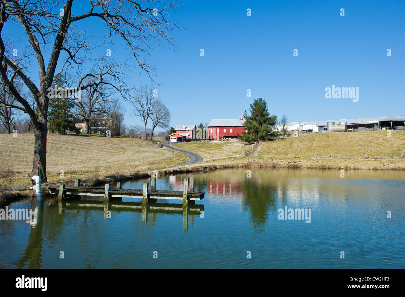 Lac en face d'un paysage agricole Banque D'Images