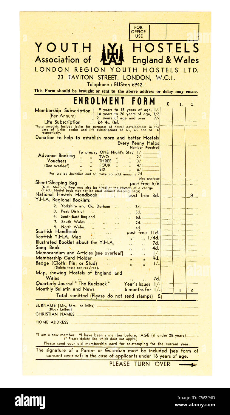 L'Association des auberges de jeunesse à collectionner 1960 formulaire d'inscription au Royaume-Uni Banque D'Images