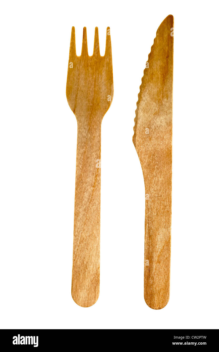 Fourchette et couteau jetable en bois, UK Banque D'Images