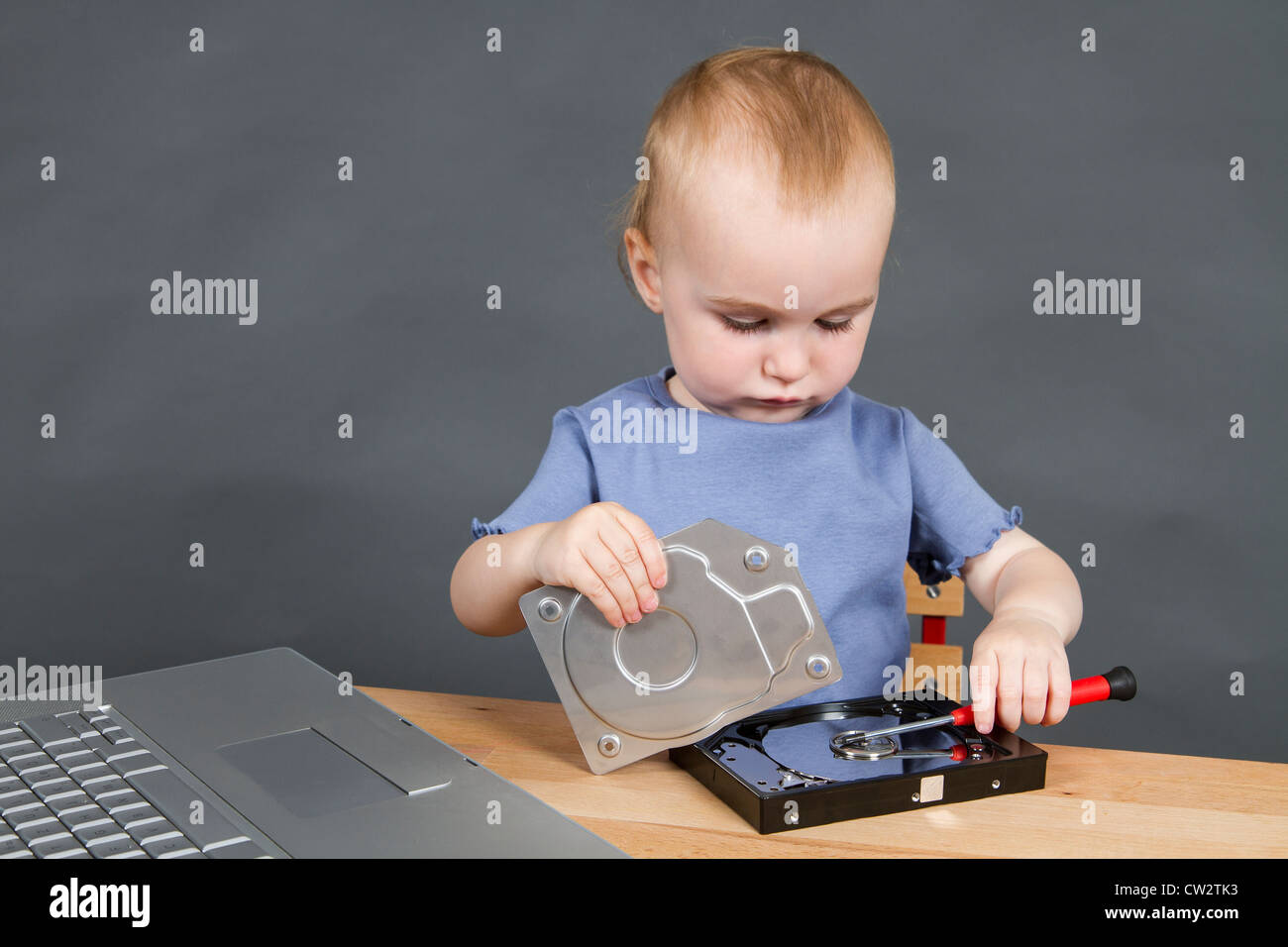 Enfant travaillant à ouvrir le disque dur en arrière-plan gris avec un ordinateur portable Banque D'Images