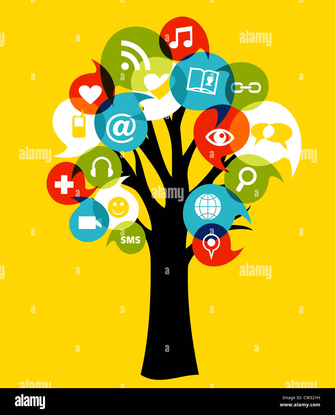 Réseau social media icons arbre avec des feuilles. Couches d'illustration vectorielle pour une manipulation facile et coloris. Banque D'Images
