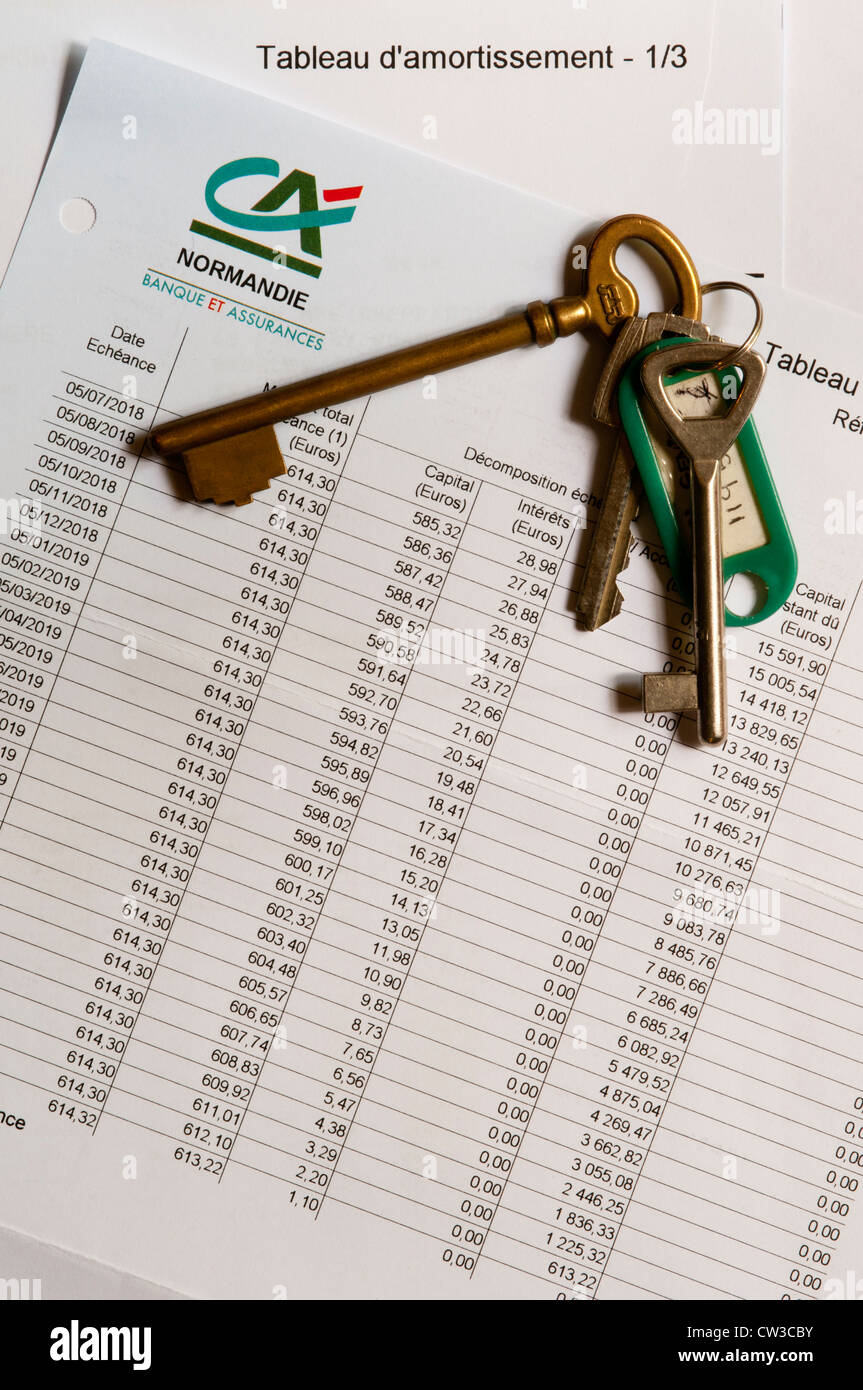 Un jeu de clés de maison française portant sur un calendrier de remboursement hypothécaire. Banque D'Images