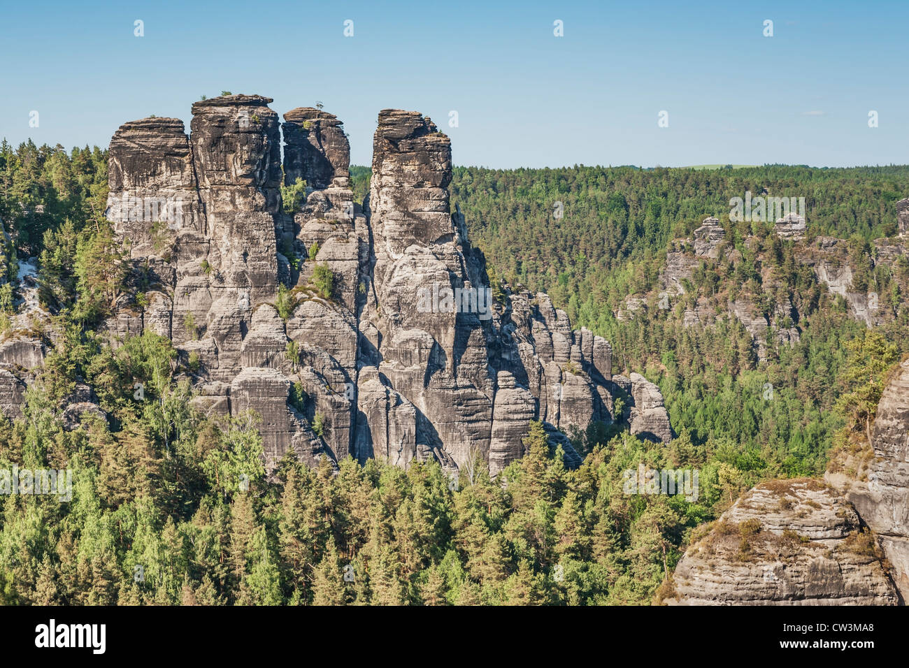 Vue de la soi-disant Goose Rocks (Gansfelsen), municipalité de Lohmen, la Suisse Saxonne, près de Dresde, Saxe, Allemagne, Europe Banque D'Images