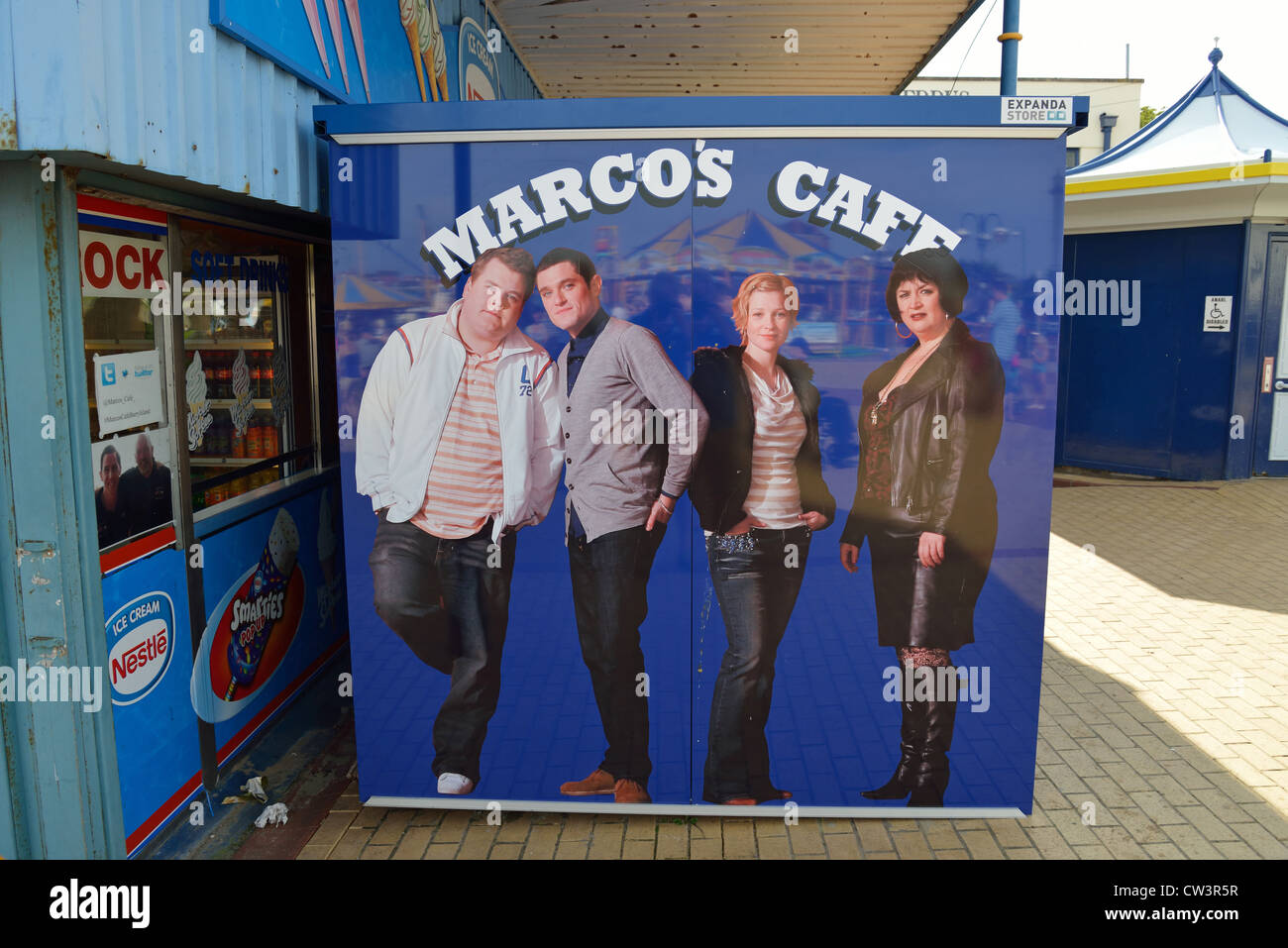 Panneau Marco's Cafe (dans le sitcom 'Gavin & Stacey'), Barry Island, Vale of Glamorgan, pays de Galles (Cymru), Royaume-Uni Banque D'Images