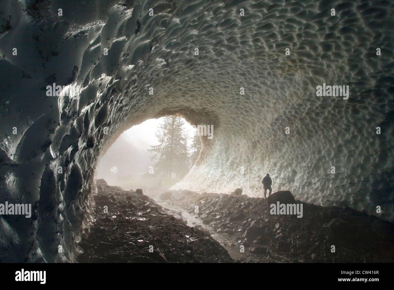 Personne dans une grotte de glace, Fiordland Recreation Area, Fiordland Conservancy, British Columbia, Canada Banque D'Images