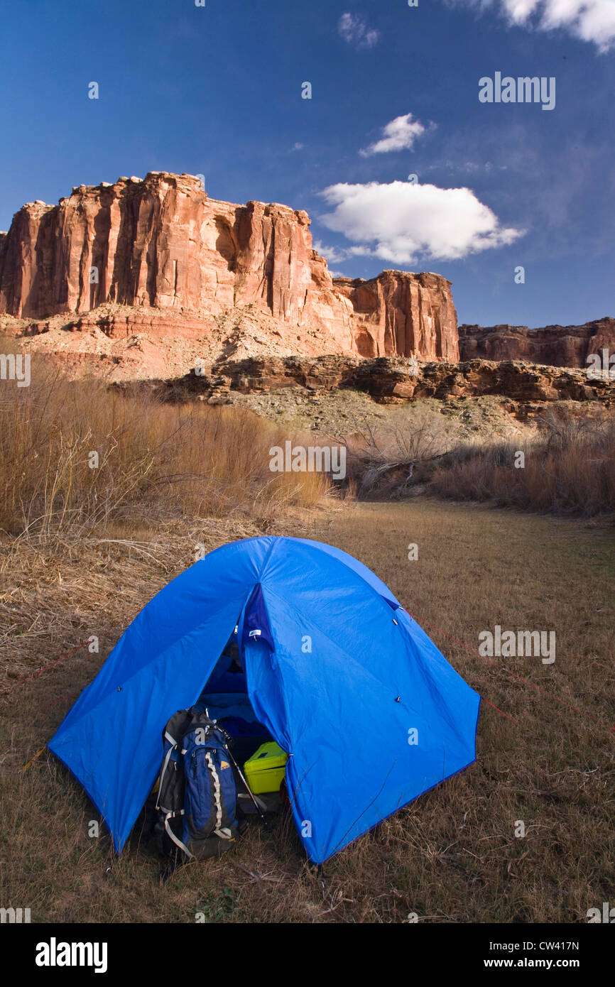 Tente Dôme avec des formations rocheuses en arrière-plan, Canyonlands National Park, Utah, USA Banque D'Images