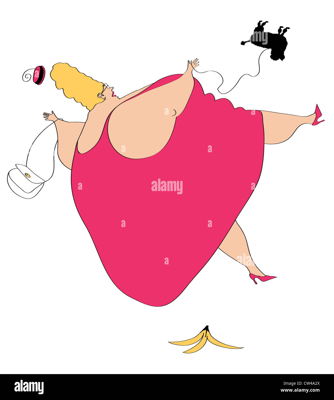 Grosse femme et petit chien glisse sur peau de banane Banque D'Images