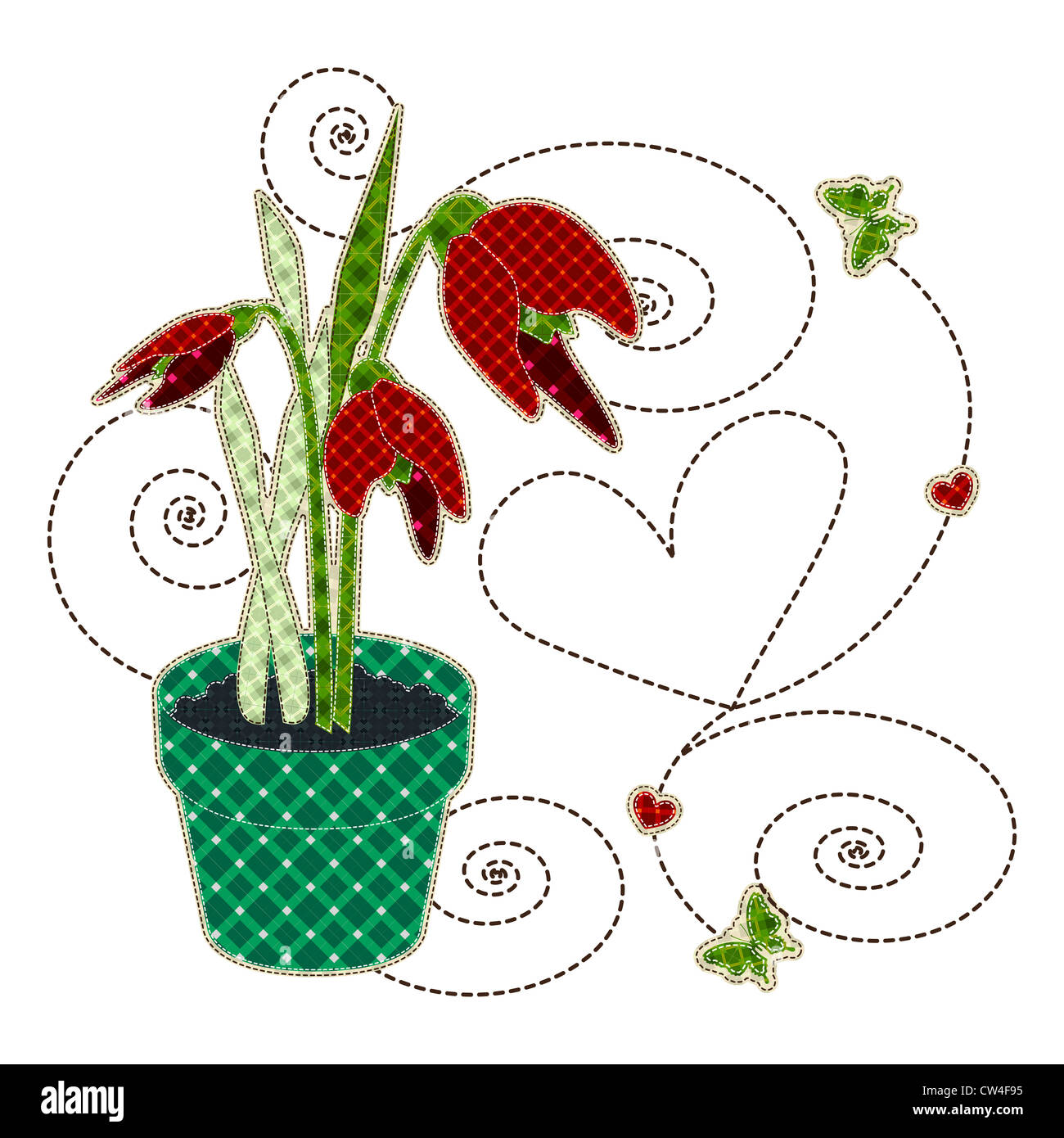 Illustrations mosaïque de tulipes dans un pot avec papillon Banque D'Images