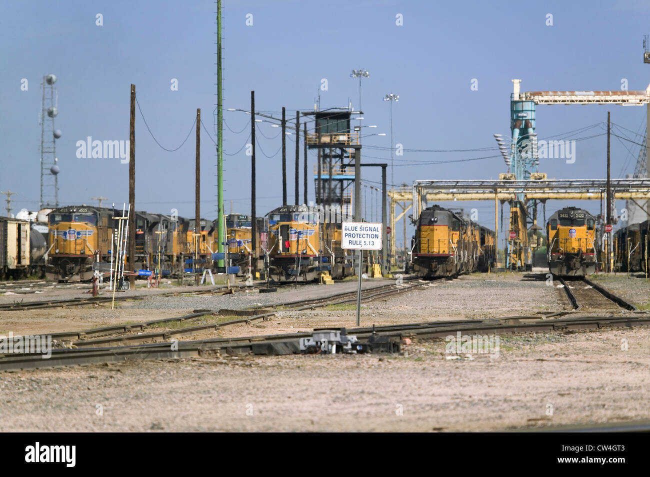 Les moteurs de train jaune la Union Pacific's Bailey Triage ferroviaire North Platte Nebraska plus grand triage de classification Banque D'Images