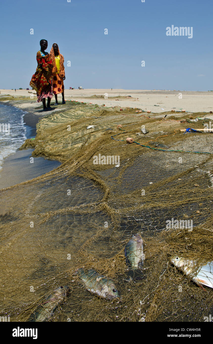 Les filets de pêche, le lac Turkana, au nord du Kenya Banque D'Images