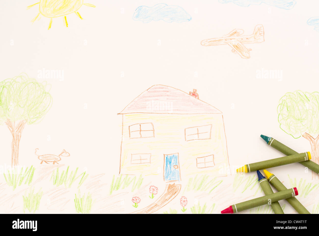 Un véritable dessin d'enfant avec des crayons de couleur. Banque D'Images
