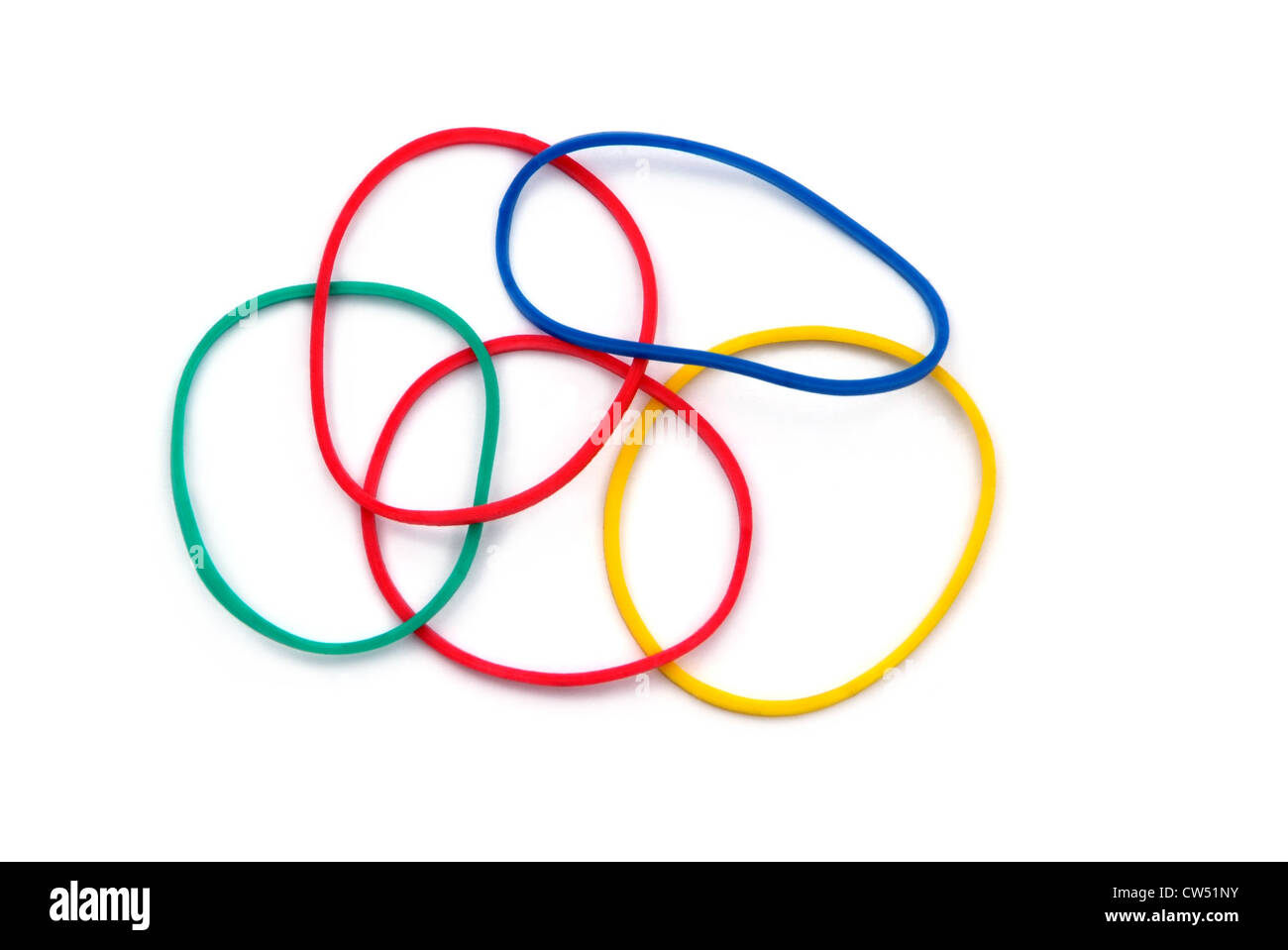 Les bandes de caoutchouc coloré sur un fond blanc. Banque D'Images