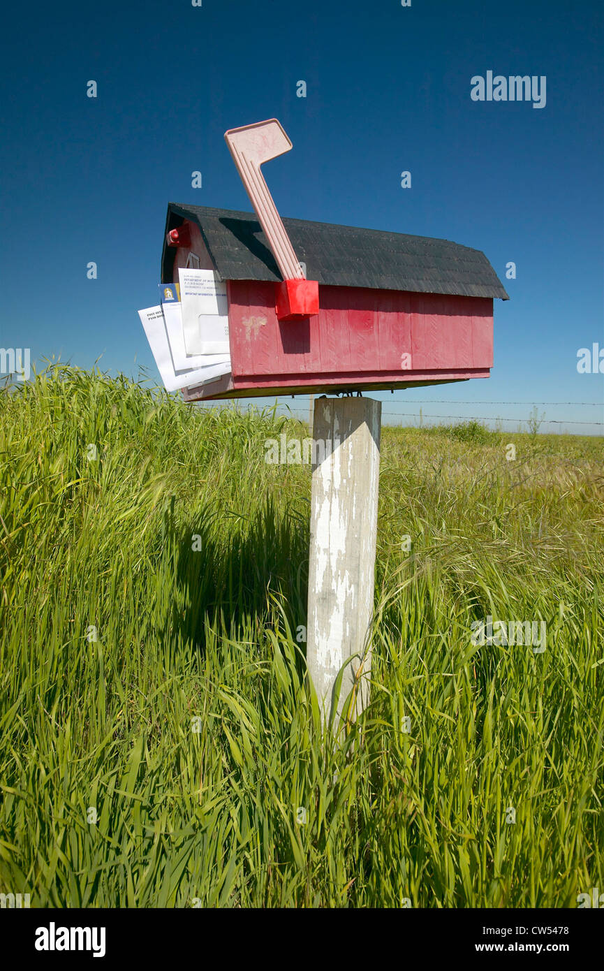 Boîte rouge avec mail affiché, au large de la route près de la vieille route 58 près du Monument National Des Plaines Carrizo, CA Banque D'Images