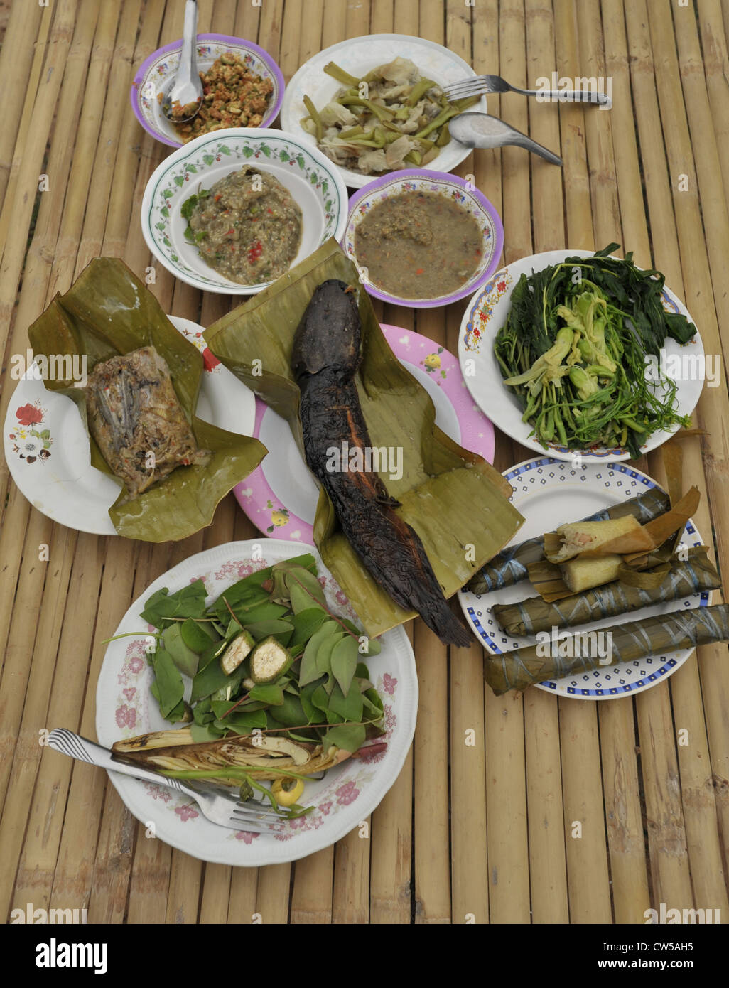 Isaan traditionnel aliments servis l'Isaan way, (légumes et trempettes épicées , barbecue de poissons chat enveloppé dans des feuilles de banane) Banque D'Images