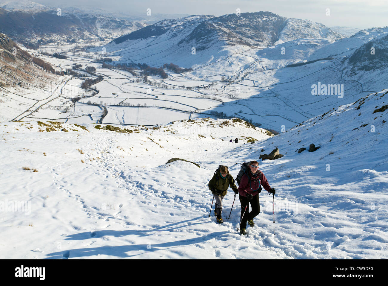 Une image de deux randonneurs sur la bande à la recherche jusqu'à Elterwater dans des conditions hivernales. Banque D'Images