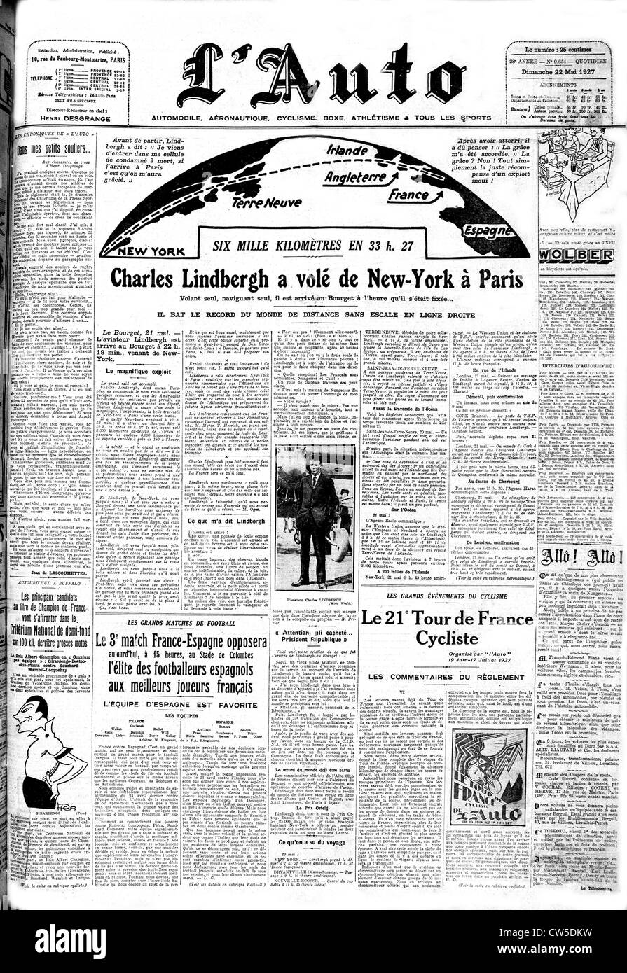 Charles Lindbergh. Traversée de l'Atlantique. Première page du journal "L'Auto' Banque D'Images