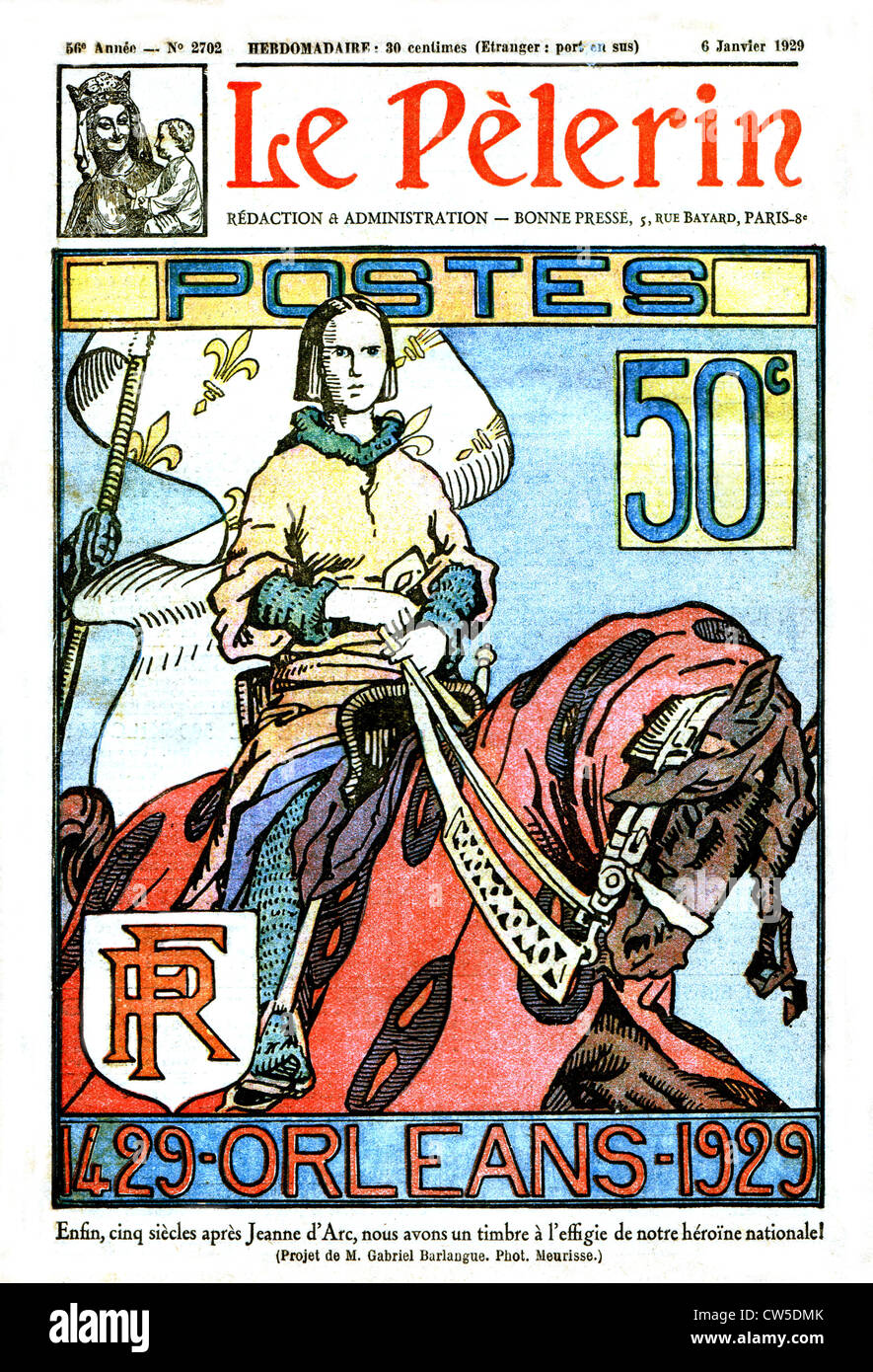 Timbre-poste à la gloire de Jeanne d'Arc -1429/1929. dans "Le Pèlerin", du 6 janvier 1929 Banque D'Images