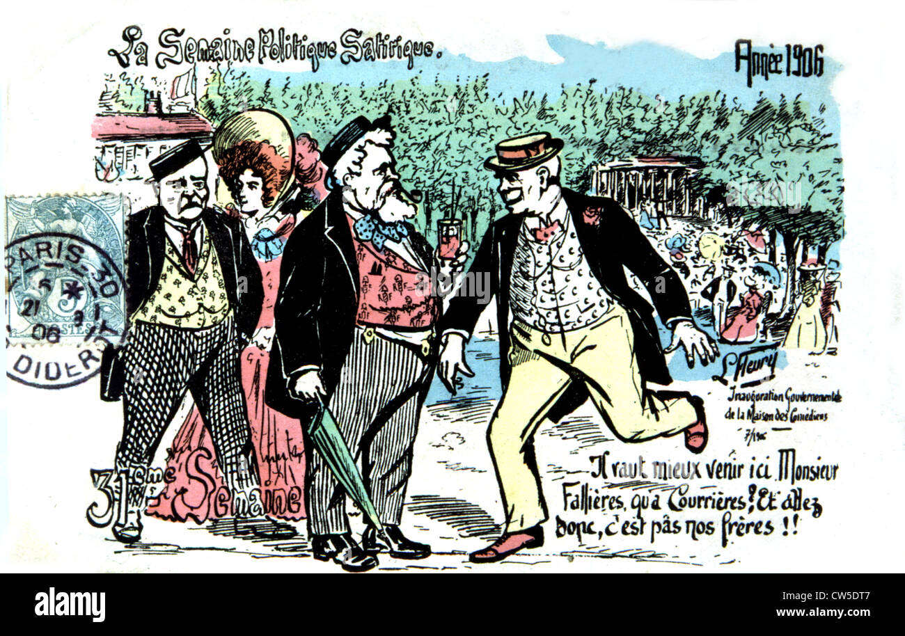 Carte postale satirique avec Armand Fallières (1841-1931) à propos de la grève à Courrières Banque D'Images