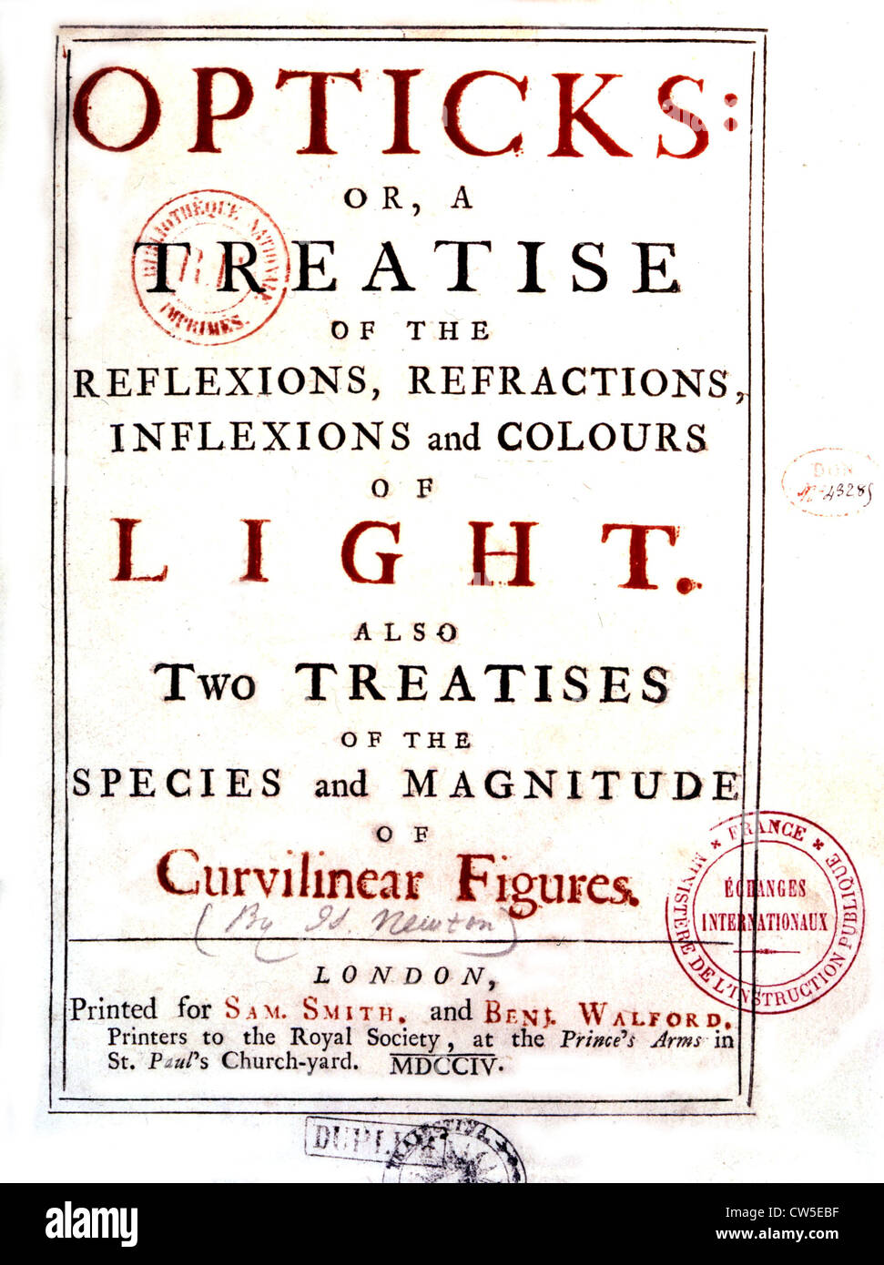 Isaac Newton, 'Opticks'. Page de titre de la première édition, publiée à Londres (1704) Banque D'Images