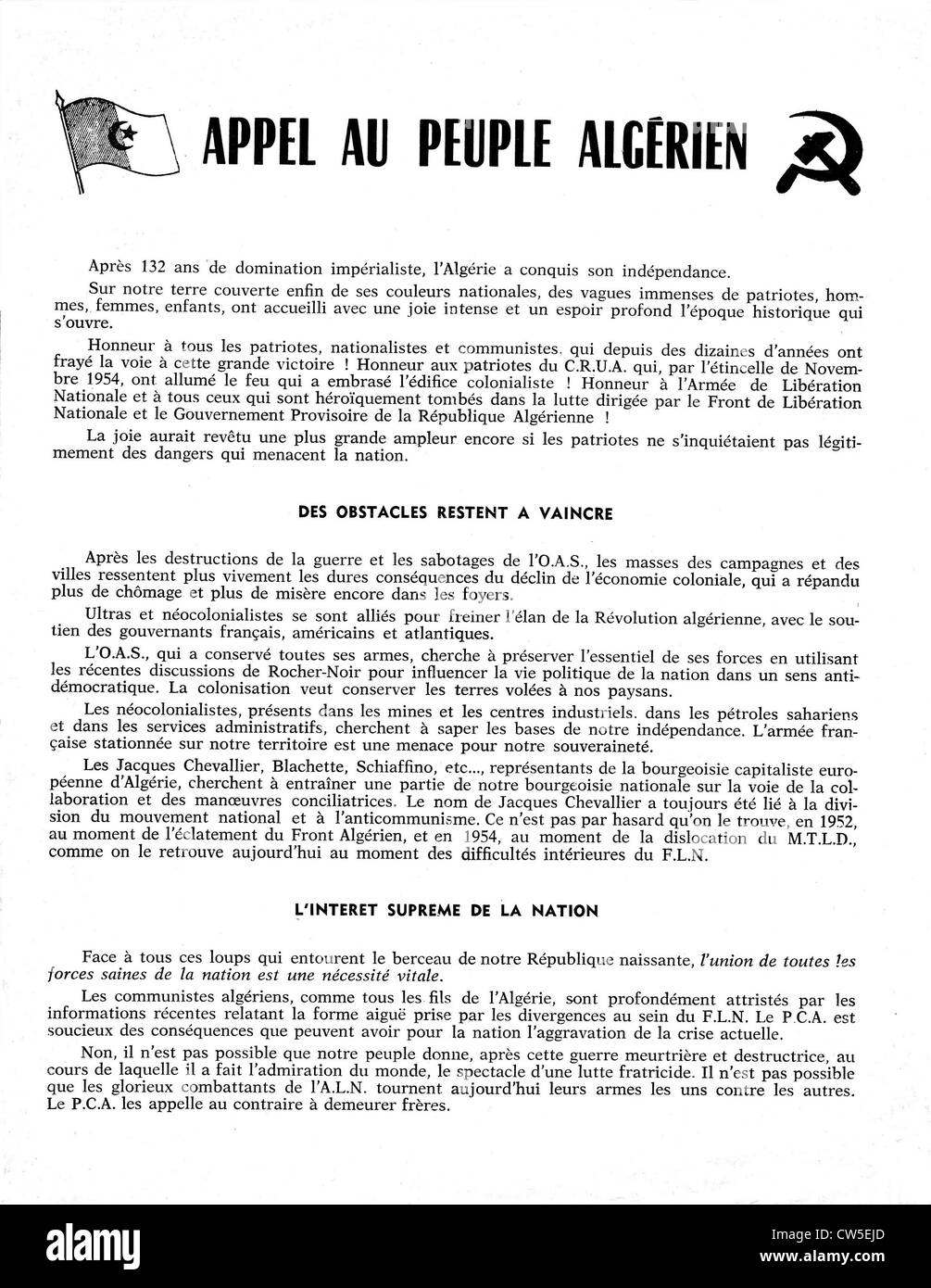 Notice du Parti Communiste algérien : "appel au peuple algérien", page 1 Banque D'Images