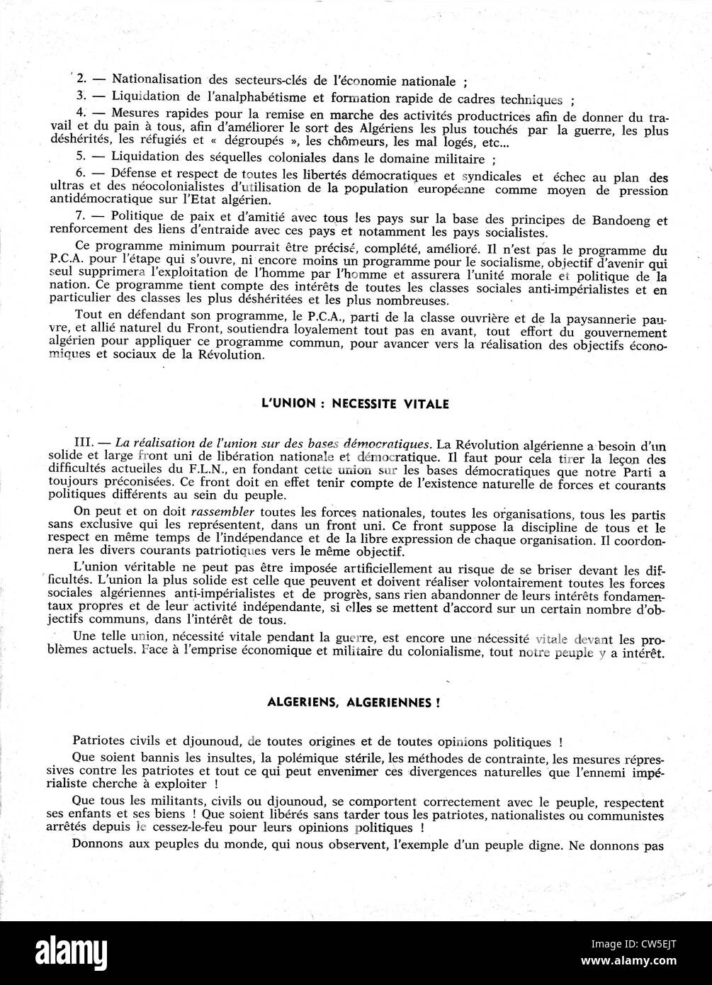 Notice du Parti Communiste algérien : "appel au peuple algérien", page 3 Banque D'Images