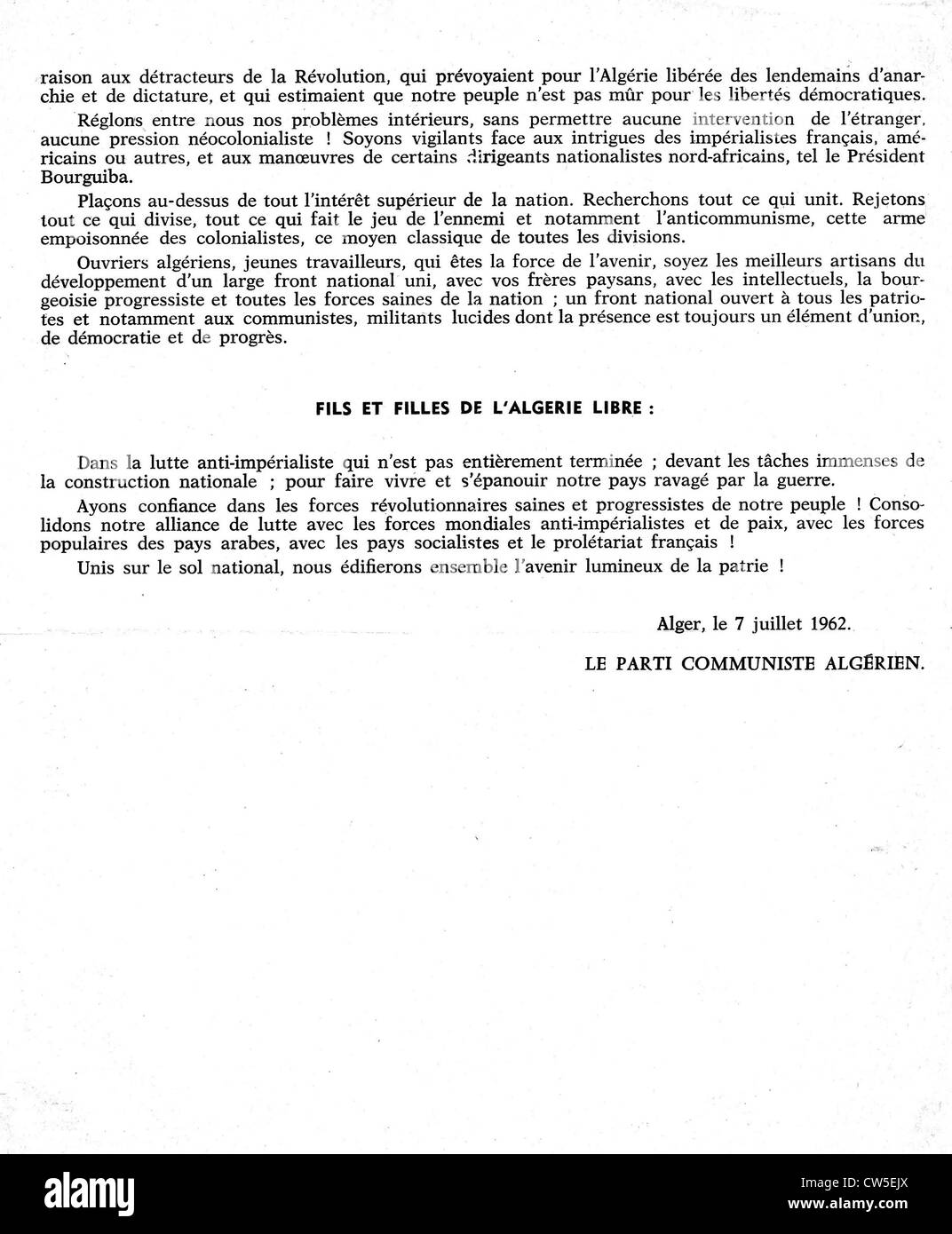 Notice du Parti Communiste algérien : "appel au peuple algérien", page 4 Banque D'Images