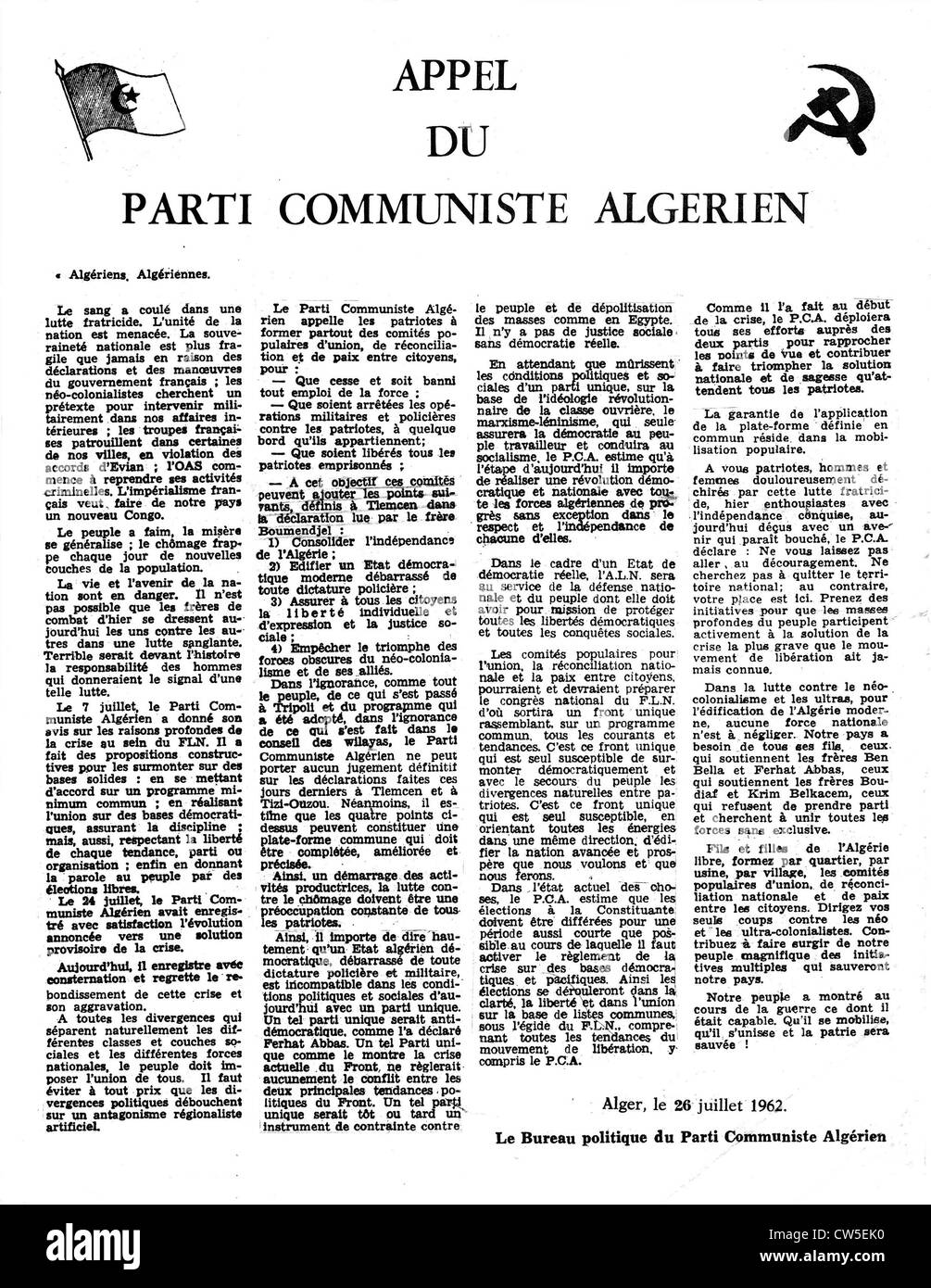 Notice du Parti Communiste algérien : 'Appel du Parti Communiste' Banque D'Images