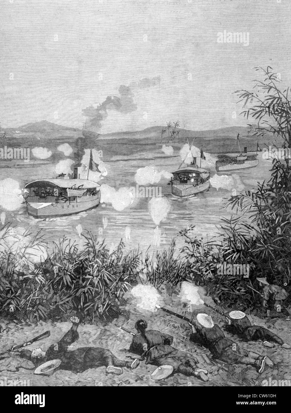 Au Tonkin Lochnan bataille où le lieutenant commandant de la canonnière Chaillé Massue' est mort. dans "Le Monde illustré" du 22 novembre 1884. Banque D'Images