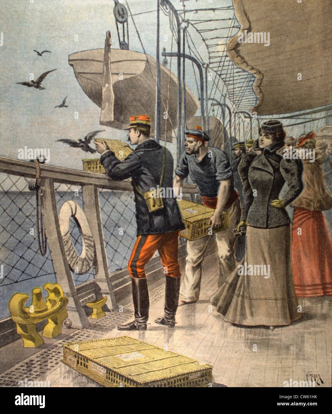 Les pigeons voyageurs de test sur un paquebot transatlantique (1898) Banque D'Images