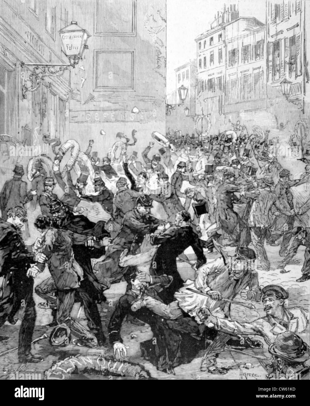 Brawl en face du poste de police, rue de la Roquette, dans "Le Monde illustré", 1-21-1882 Banque D'Images