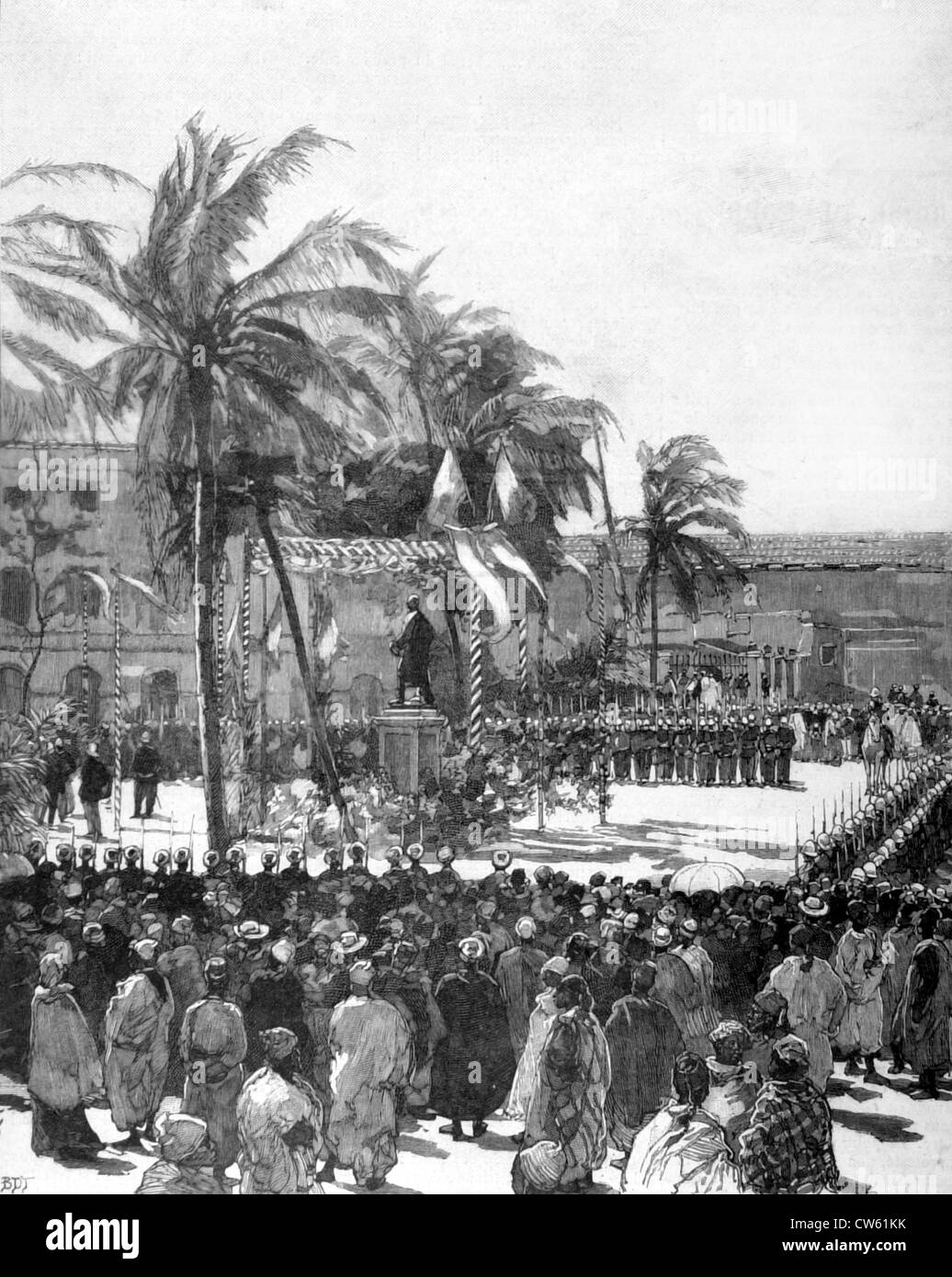 Inauguration de la statue du Général Faidherbe à Saint-Louis, Sénégal, dans "Le Monde illustré", Avril 23, 1887 Banque D'Images