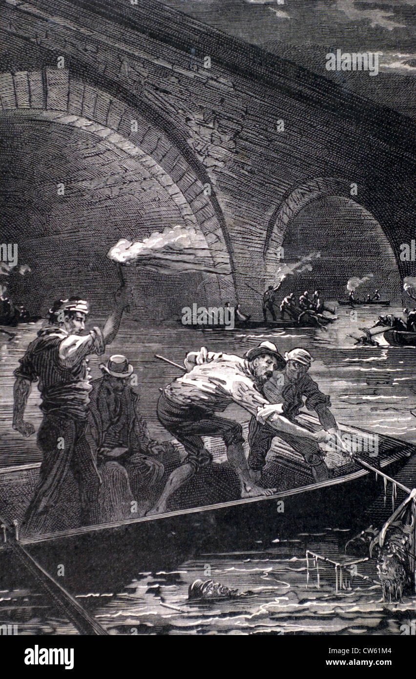 À la recherche de cadavres après la catastrophe de l'Logrono pont volant (9-1-1880) Banque D'Images