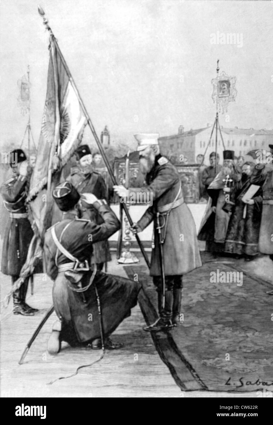 Guerre Chinese-Russian. Un colonel des Cosaques qui reçoit le drapeau de son régiment, à Omsk (1900) Banque D'Images