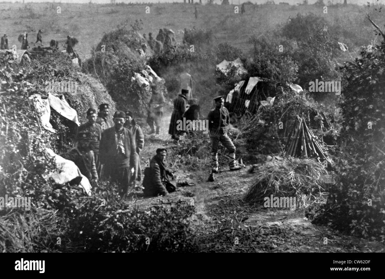 Guerre des Balkans. Un bivouac dans les retranchements bulgare avant Andrinople, 1912. Banque D'Images