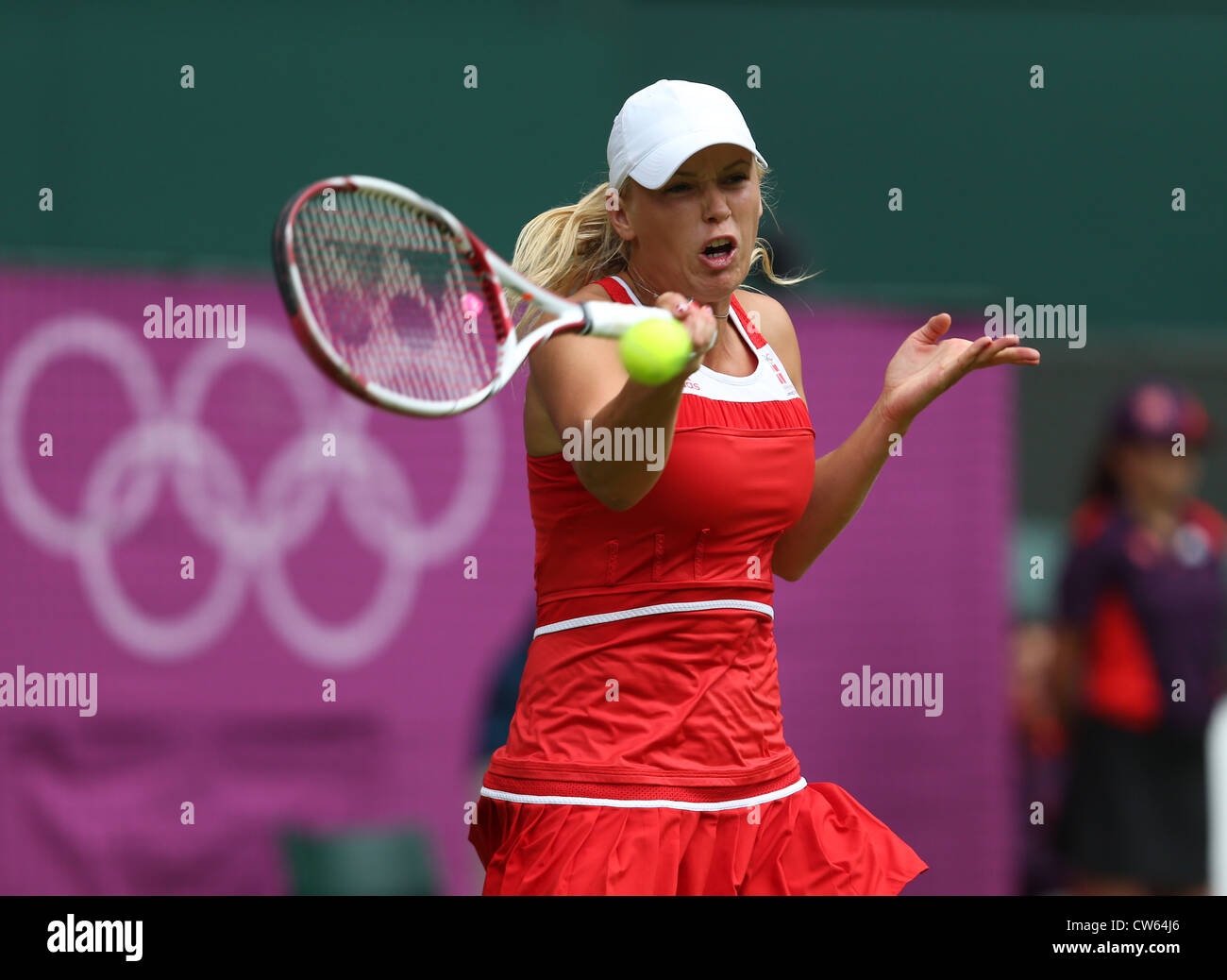 Caroline Wozniacki (DEN) en action à Wimbledon pendant les Jeux Olympiques de 2012 Banque D'Images