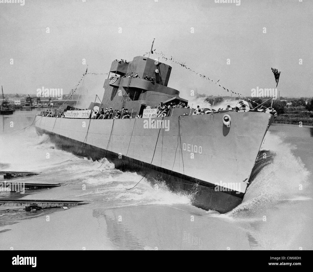 Lancement d'un destroyer d'escorte aux États-Unis, 1944. Banque D'Images