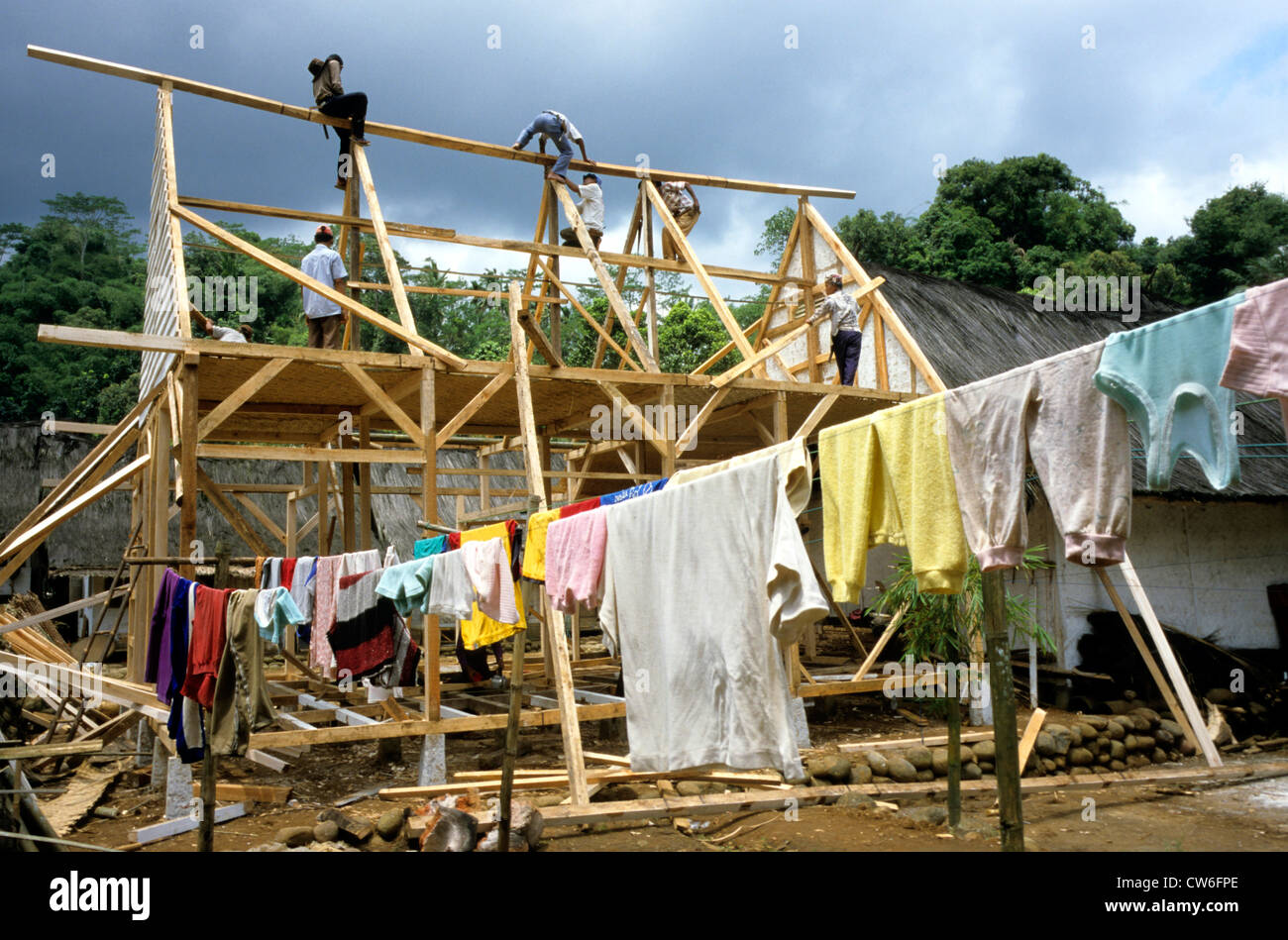 Carpenter sur cadre de toit, l'Indonésie, Sumatra Banque D'Images