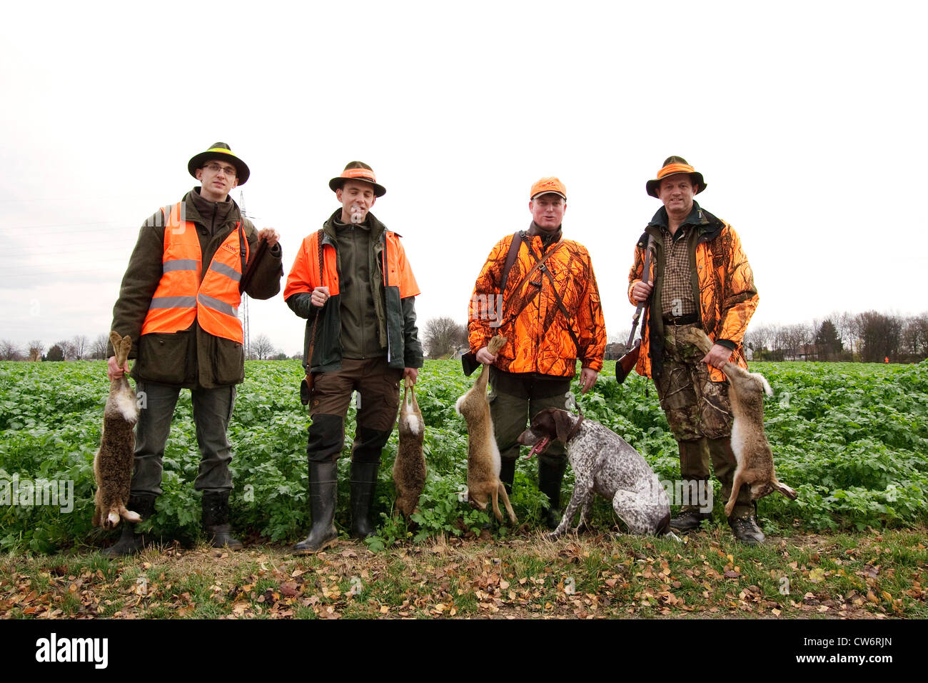 Lièvre d'Europe (Lepus europaeus), quatre tireurs d'une battue debout à la lisière d'un champ avec leur proie dans les mains de quatre lièvres, Allemagne Banque D'Images