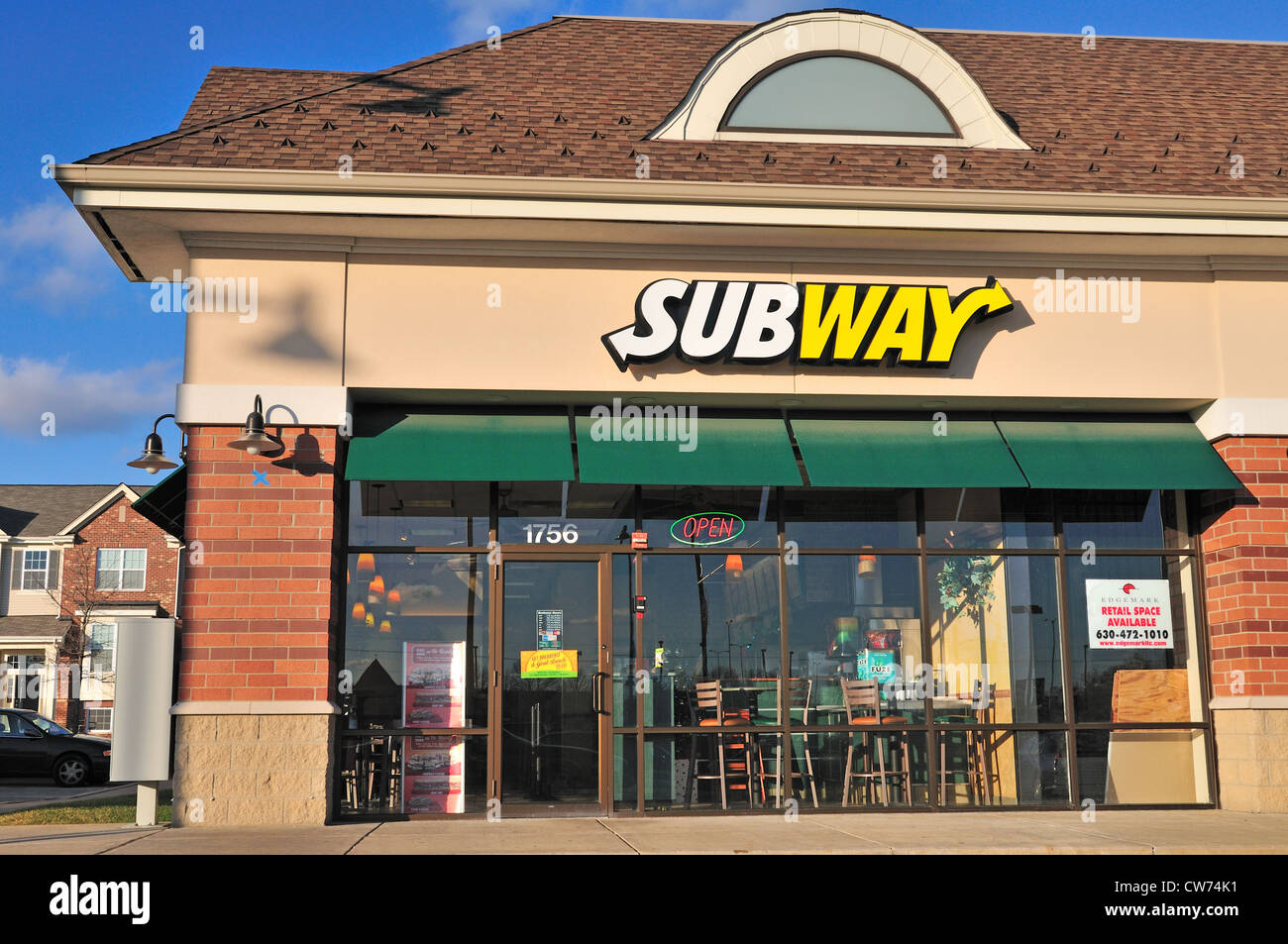 Une franchise Subway dans le nord de l'Illinois. Typique de la plupart des franchises, il est situé dans un centre commercial. Elgin, Illinois, USA. Banque D'Images