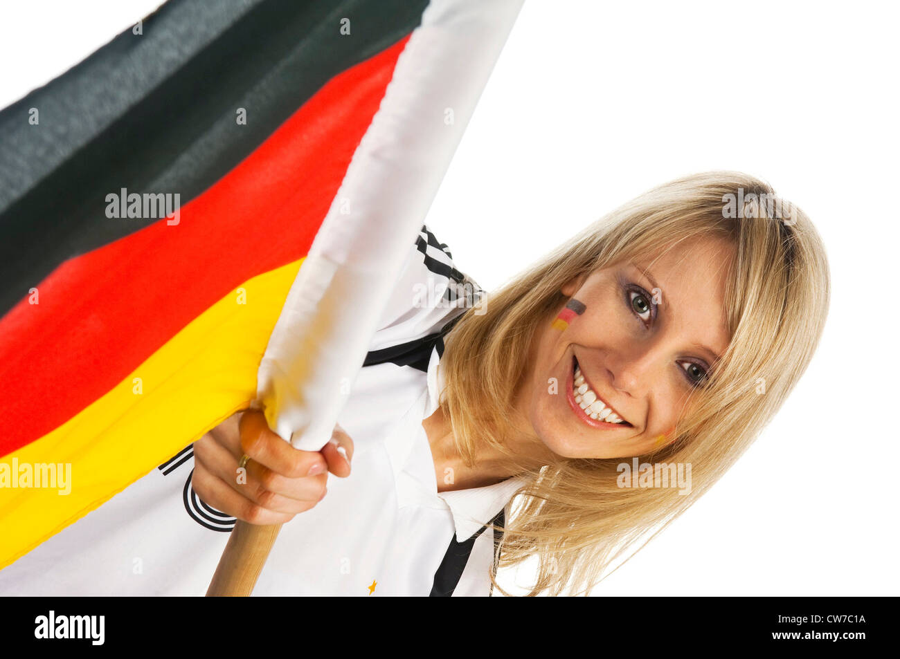 Femme blonde fan de foot avec drapeau allemand, Allemagne Banque D'Images