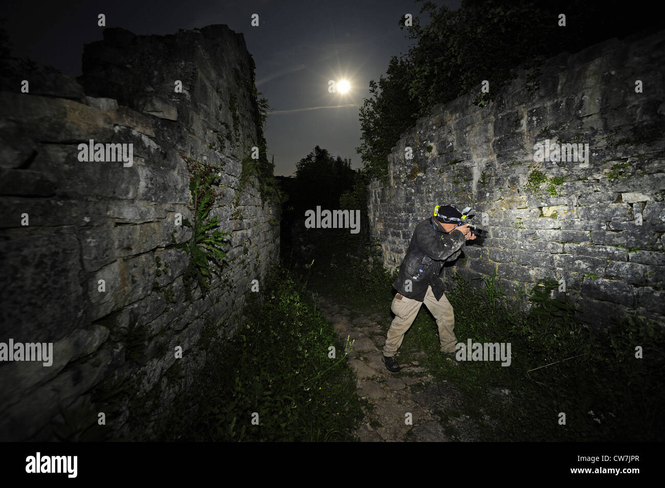 Photographe dans les ruines du château de Dvigrad recherche geckos à la pleine lune, la Croatie, Dvigrad Banque D'Images