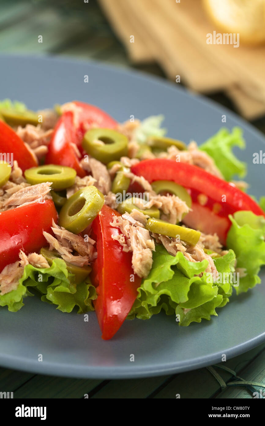 Le thon frais, tomate et salade d'olive verte servi sur feuille de laitue sur plaque bleue Banque D'Images