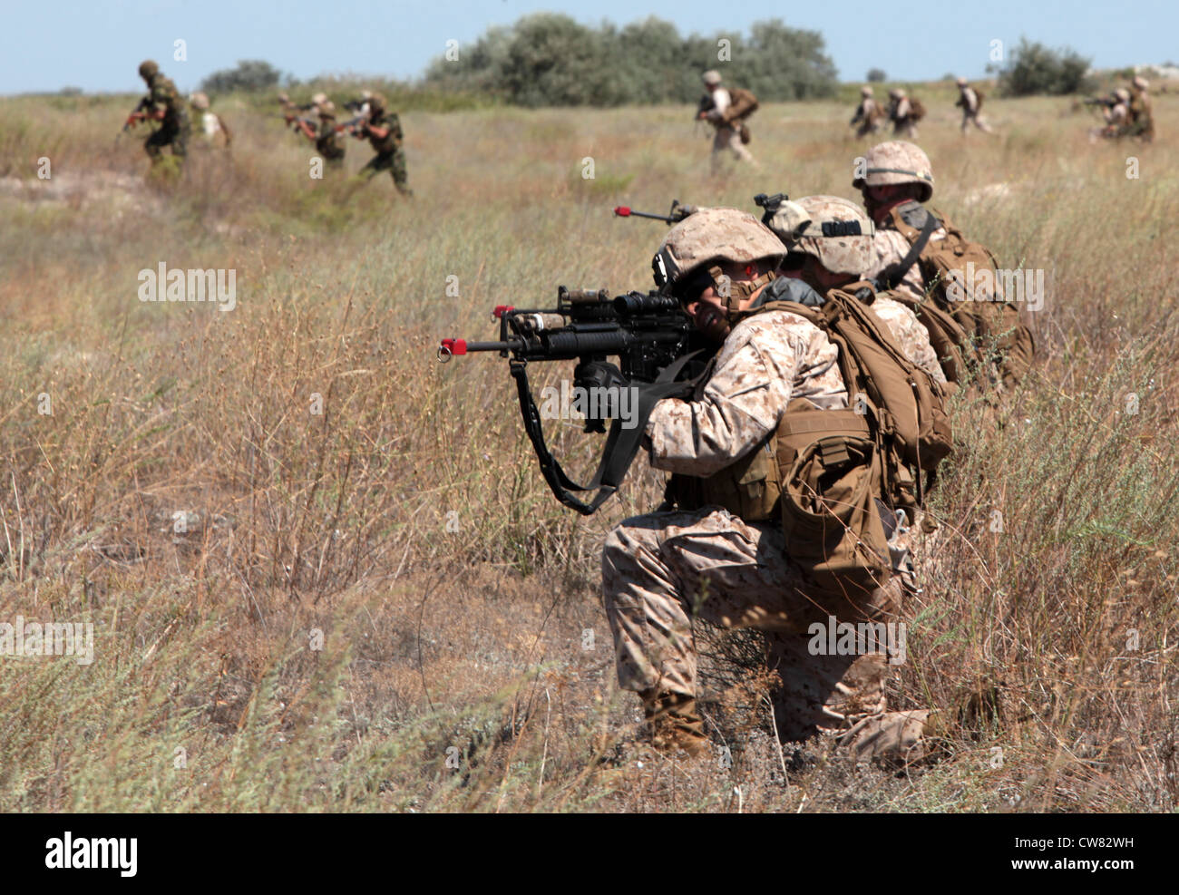 Caporal du corps des Marines des États-Unis Ruven Tapia avec la Force opérationnelle de coopération en matière de sécurité la station de partenariat pour l'Afrique 2012 fournit un feu de couverture aux côtés des Marines roumaines du 307e Bataillon d'infanterie navale lors d'une attaque de plage à Capu Midia, Roumanie, le 12 août 2012. L'assaut sur la plage a été l'événement final de l'exercice Summer Storm 12. Banque D'Images