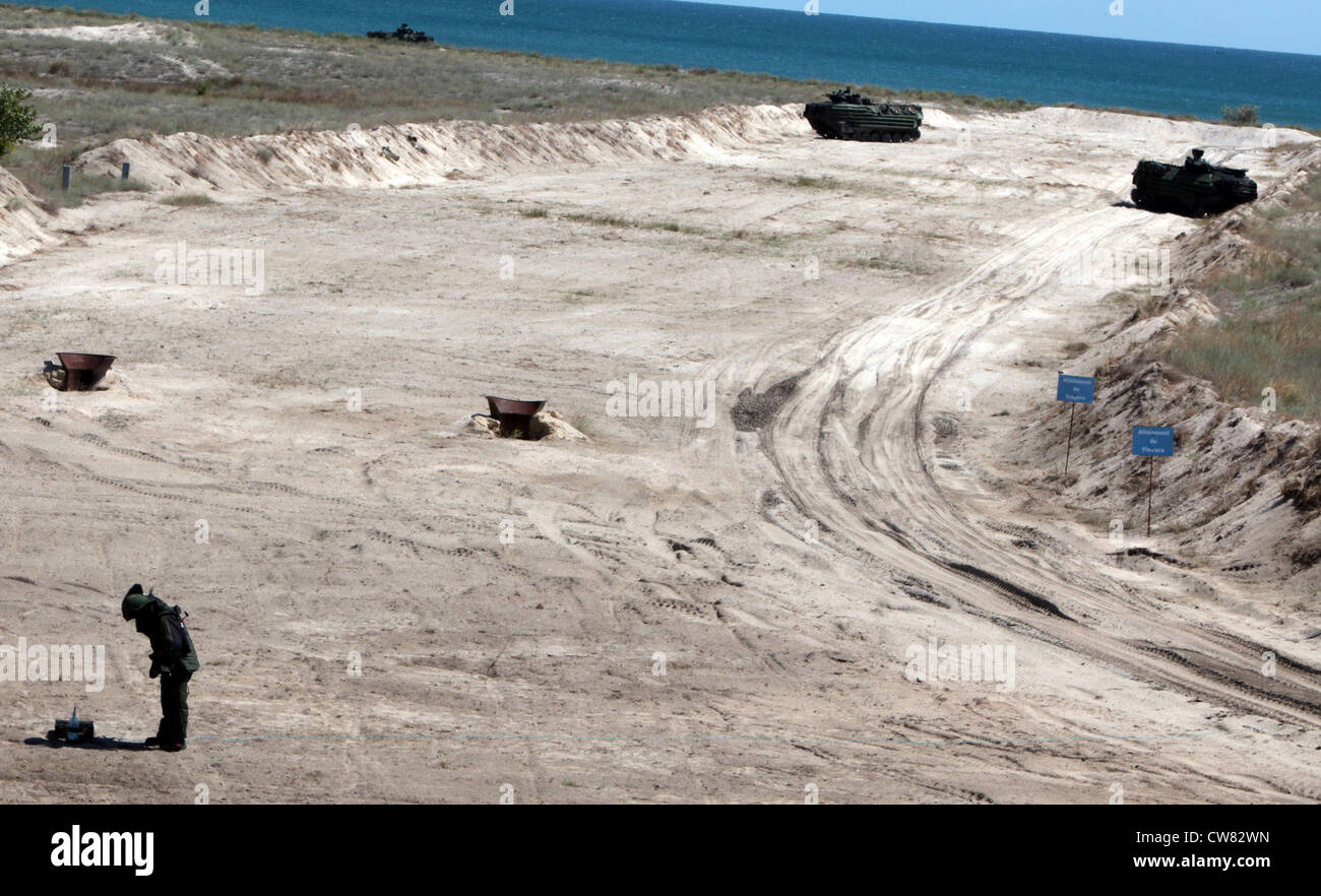 Les véhicules d'assaut amphibie du corps des Marines des États-Unis avec la Force opérationnelle de coopération en matière de sécurité, la Station de partenariat Afrique 2012, occupent leur poste de Marine roumaine du 307e Bataillon d'infanterie navale, pour éliminer un IED simulé lors d'un assaut sur la plage à Capu Midia, en Roumanie, le 12 août 2012. L'assaut sur la plage a été l'événement final de l'exercice Summer Storm 12. Banque D'Images