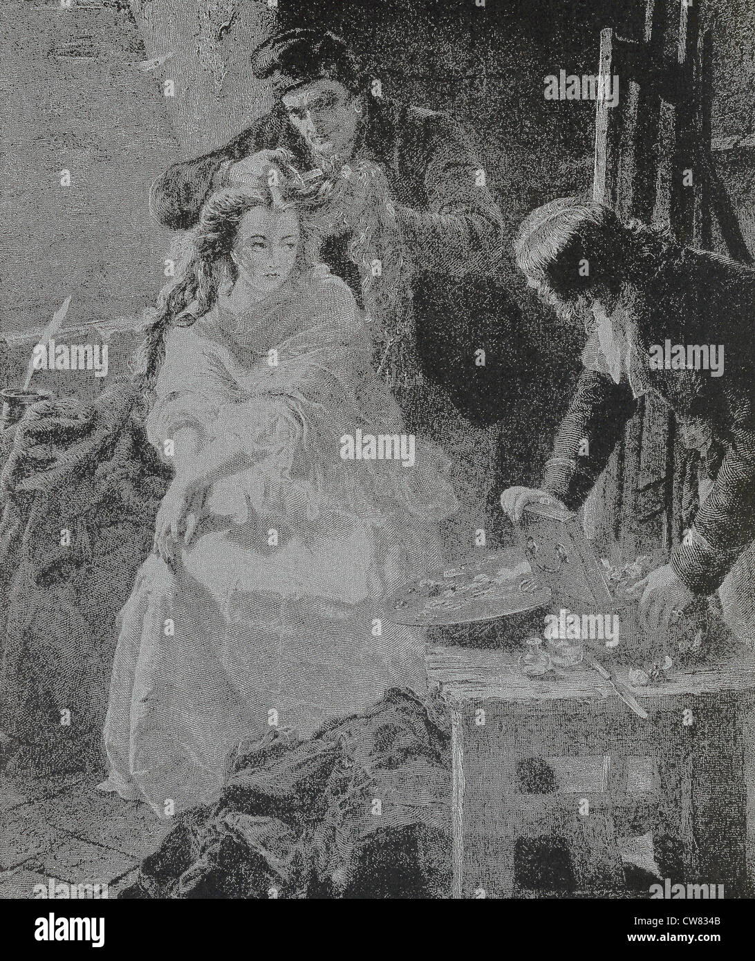 Charlotte Corday Jacobin Jean-Paul Marat poignardé alors qu'il prenait un bain dans sa baignoire. Elle a été condamnée à mort. Banque D'Images