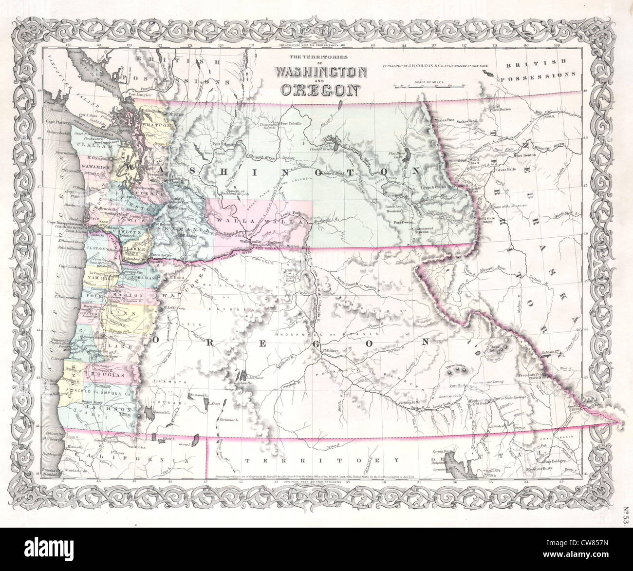 1853 Colton Plan de Washington et Oregon ( w- Montana, l'Idaho ) Banque D'Images