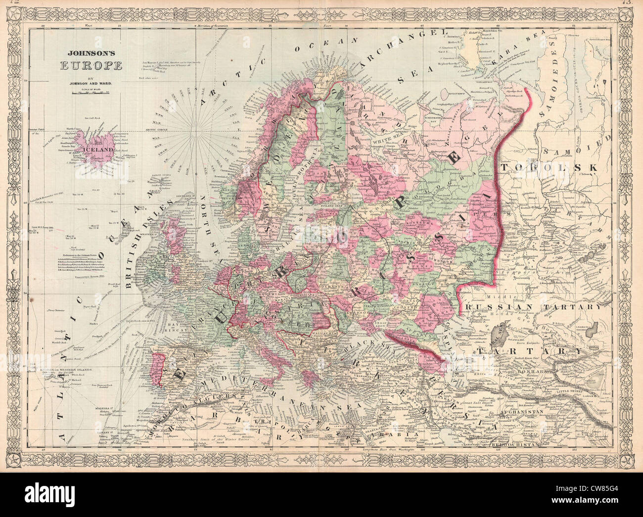 1864 Johnson Carte de l'Europe Banque D'Images