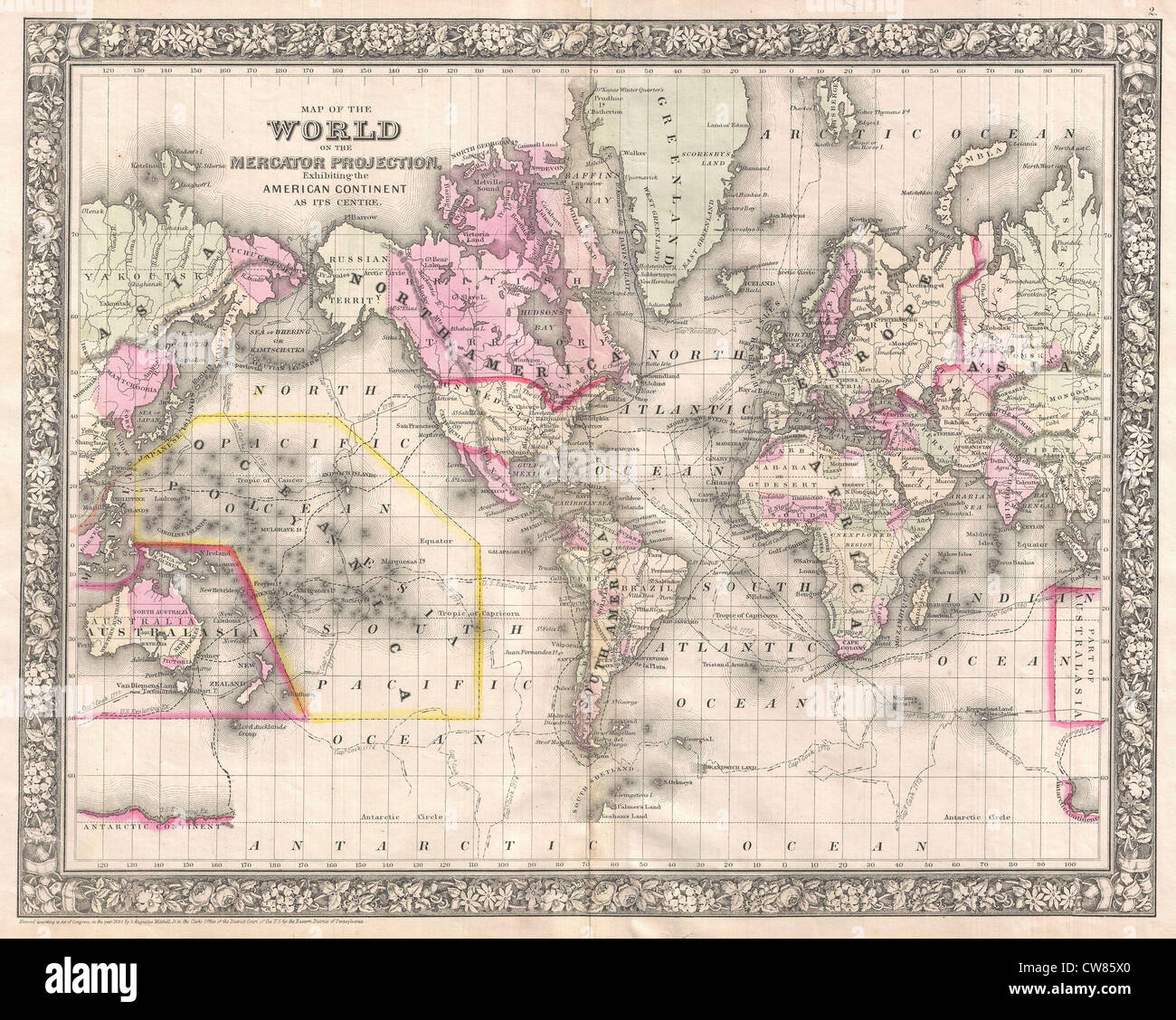 Mitchell 1866 Carte du monde sur la projection de Mercator Banque D'Images