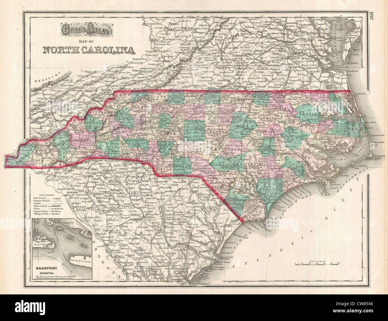 1874 Carte grise de Caroline du Nord. Banque D'Images