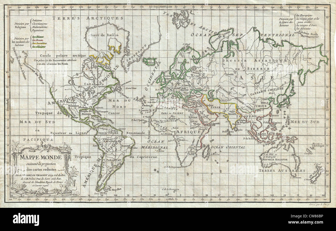 Vaugondy 1784 Carte du monde sur la projection de Mercator Banque D'Images